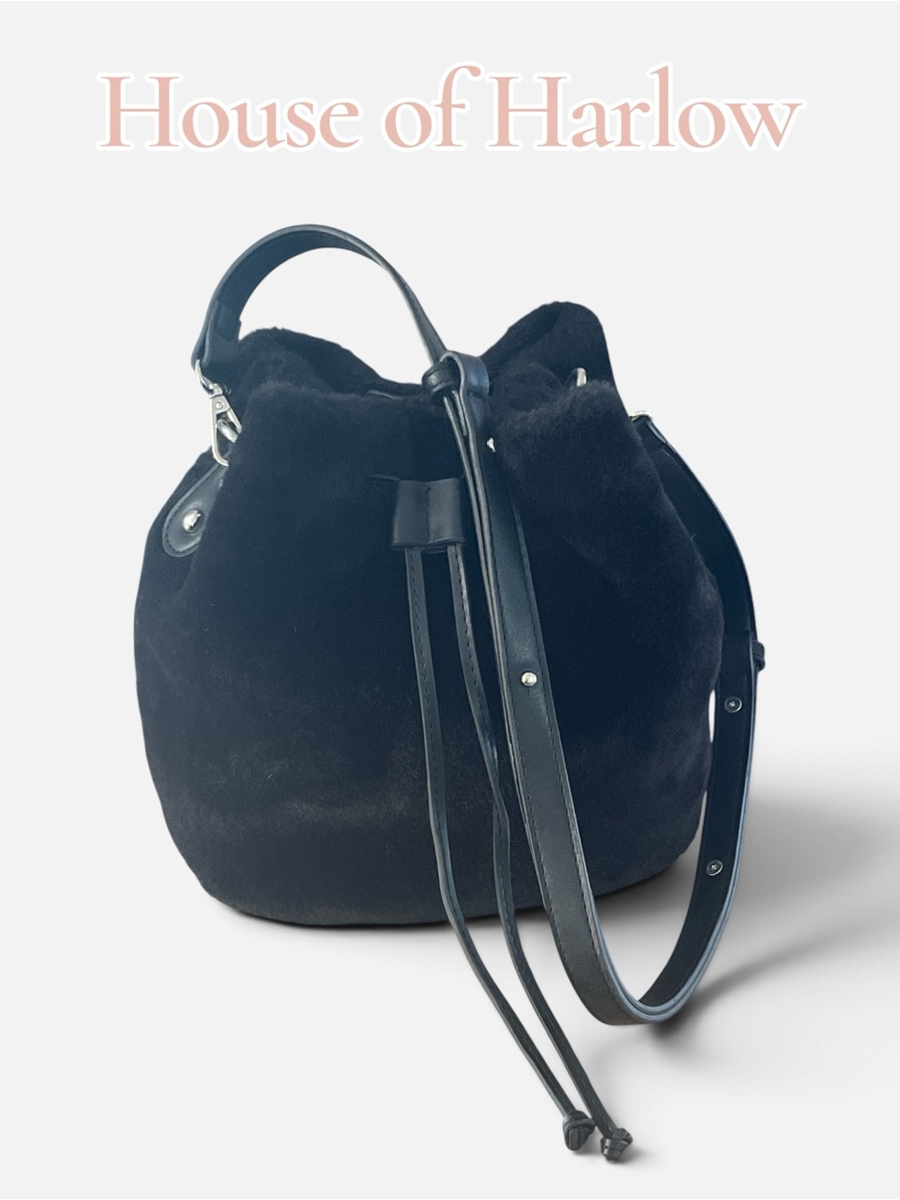 House of Harlow 1960 Black Faux Fur Drawstring Shoulder Bucket Bag